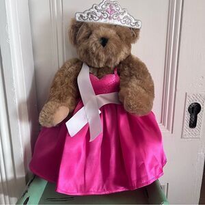 Vermont Teddy Bear 15” Honey Brown Pink Satin Dress and Tiara